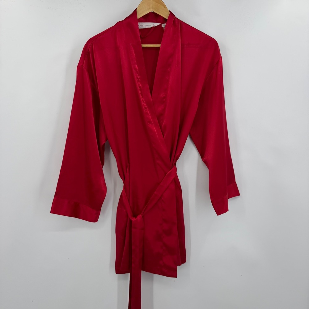 Victoria's Secret Robe Women O/S Red Satin Silk Feel Wrap Pockets Tie Waist